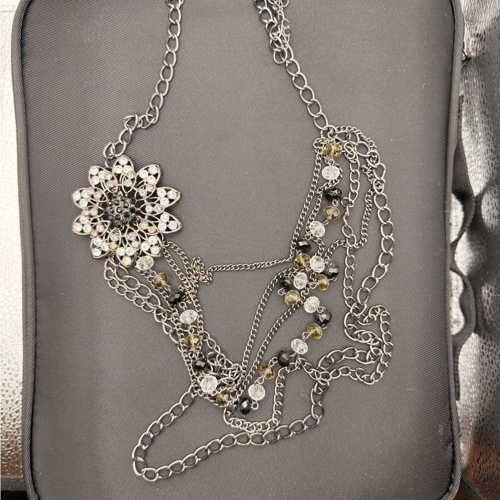 Elegant Silver and Black Floral Necklace